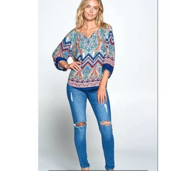 Renee C. No iron Large Paisley Chevron V-Neck 3/4 Sleeve Vibrant Boho Blouse top - Picture 3 of 11